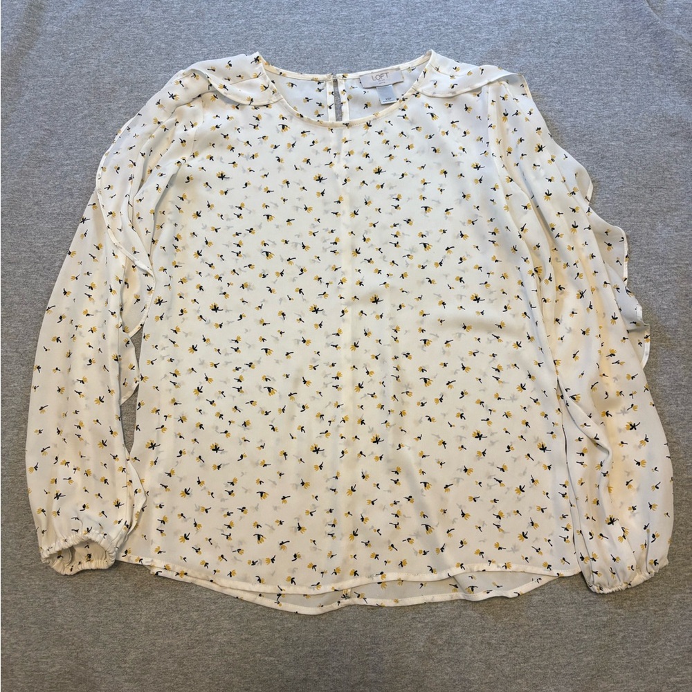 LOFT Women’s Yellow and Black floral pattern with ruffle sleeve-blouse XSP